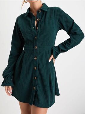 Lulus Autumn Mood Corduroy Mini Dress With Pockets Women’s Large Emerald Green